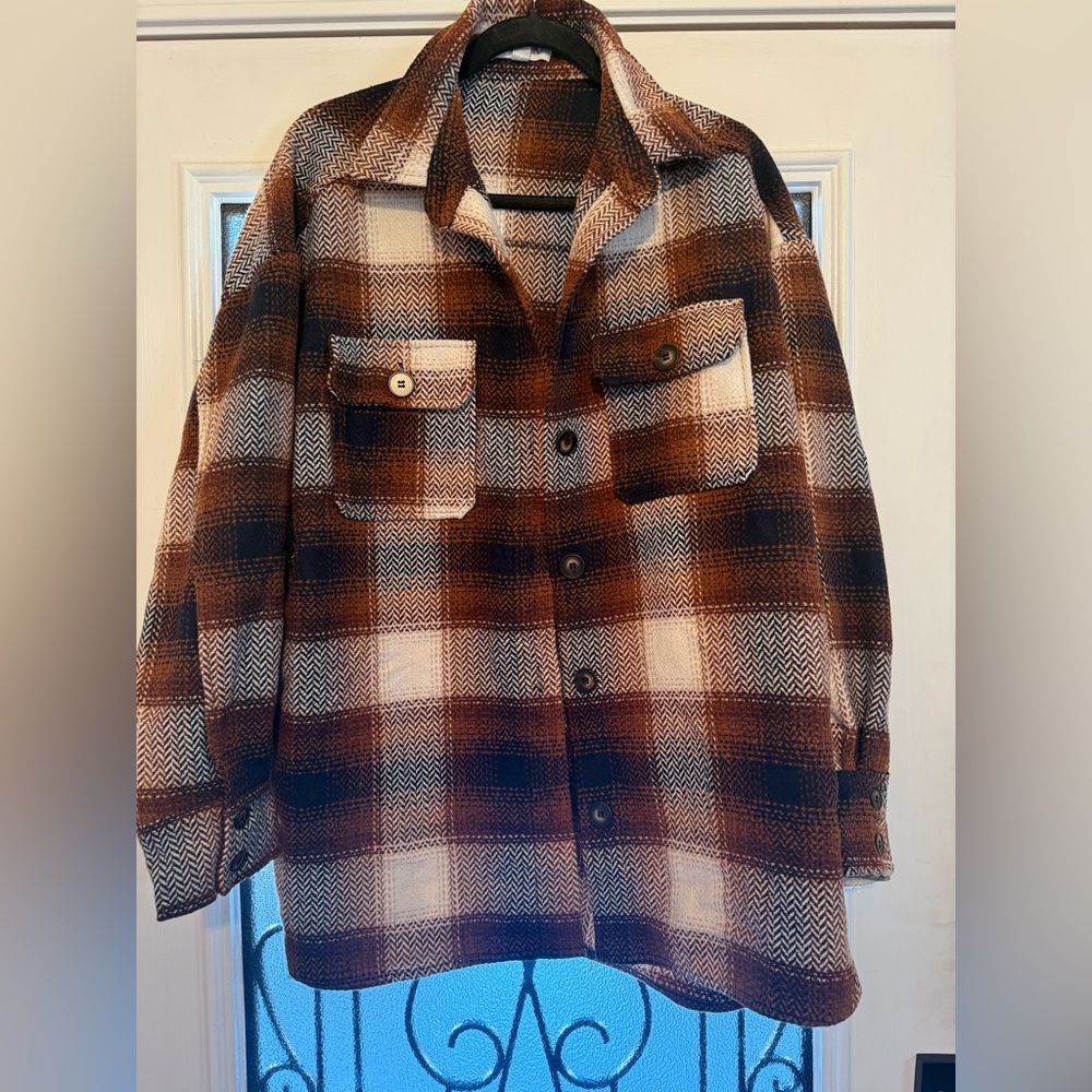 Plaid Brown and Cream Women's Shacket Oversized